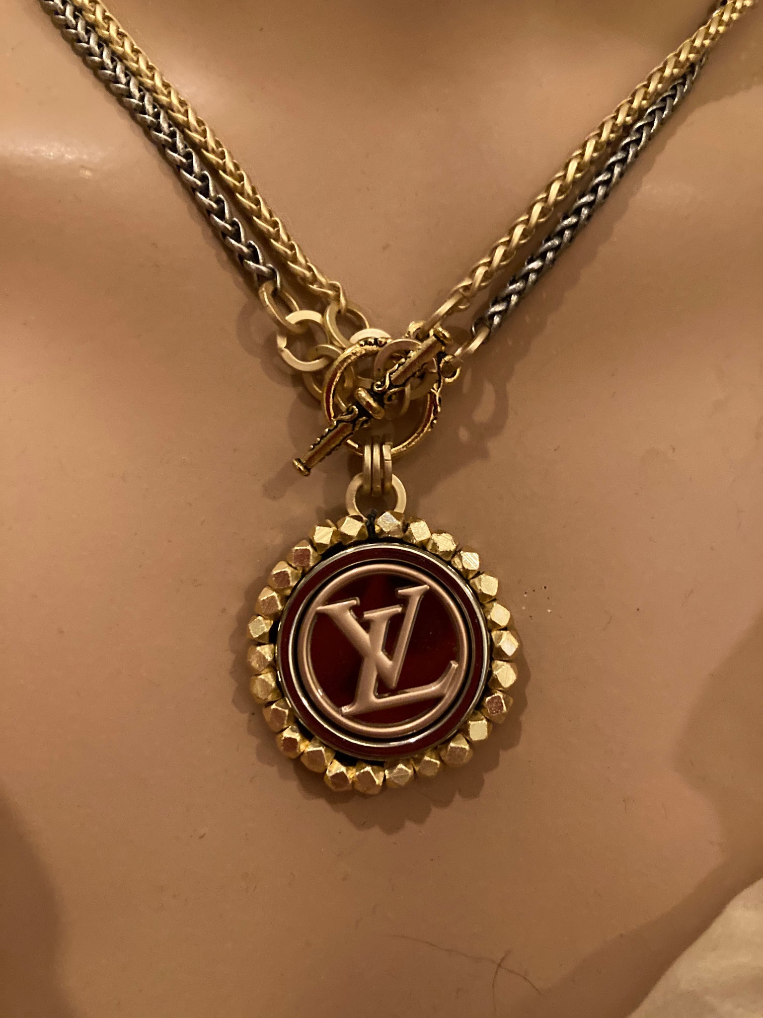 Louis Vuitton Brown and Gold Button On Silver Chain
