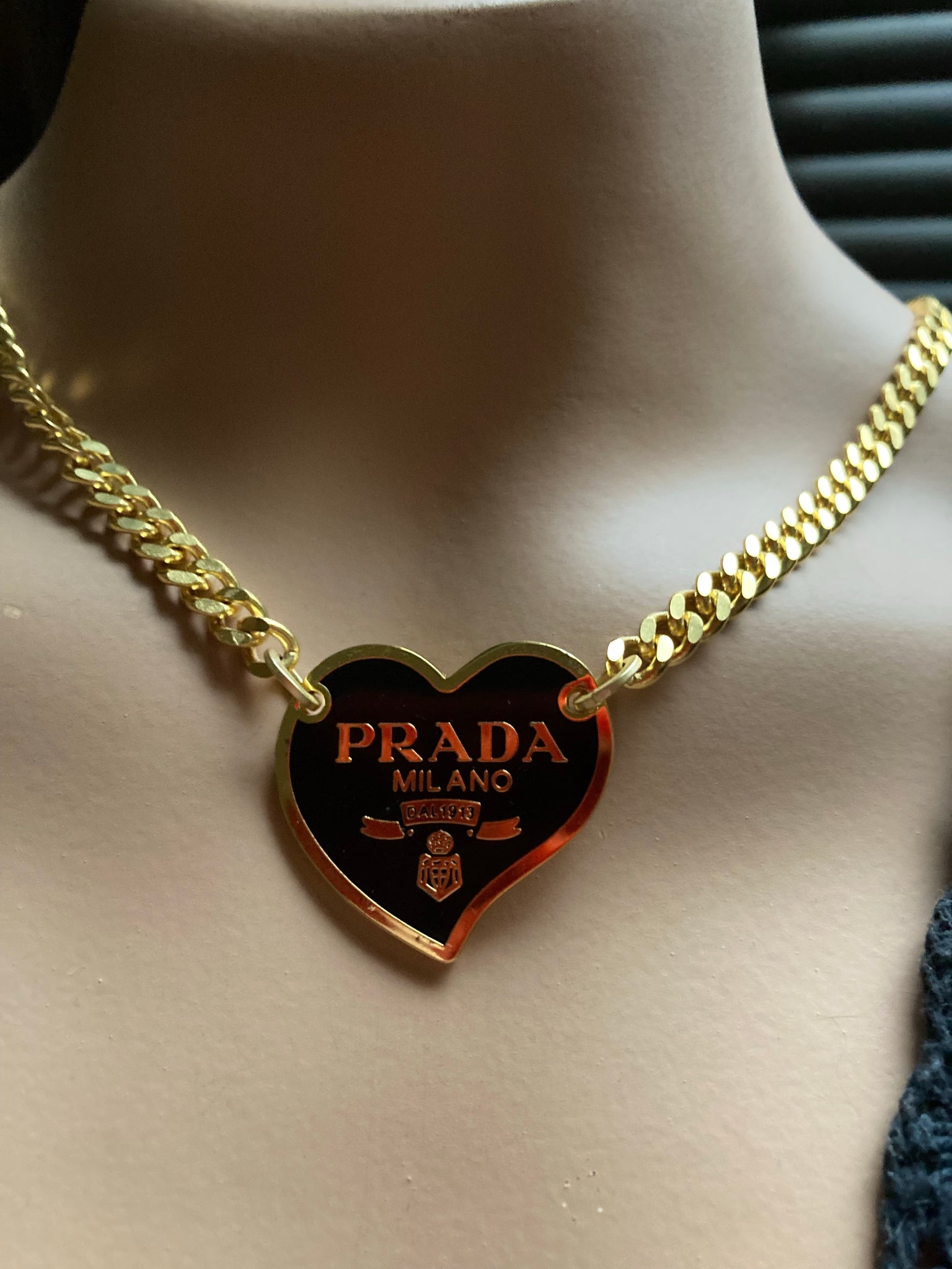 Prada Heart Charm Gold Tone Chain Link Long Necklace Prada | TLC