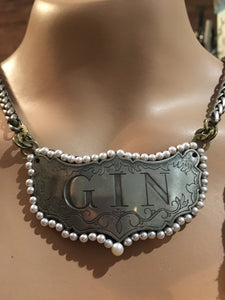 Vintage Pewter Gin Liquor Tag Necklace